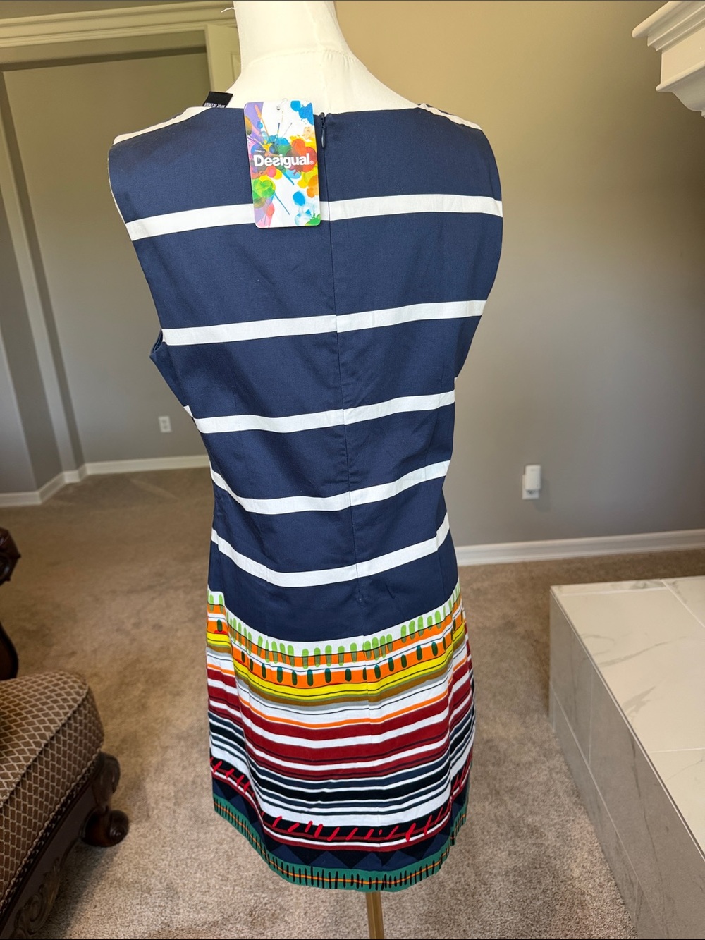 NWT Desigual Ari Shift Dress Striped Floral Poppy Navy Blue White Size 42 - Picture 8 of 8